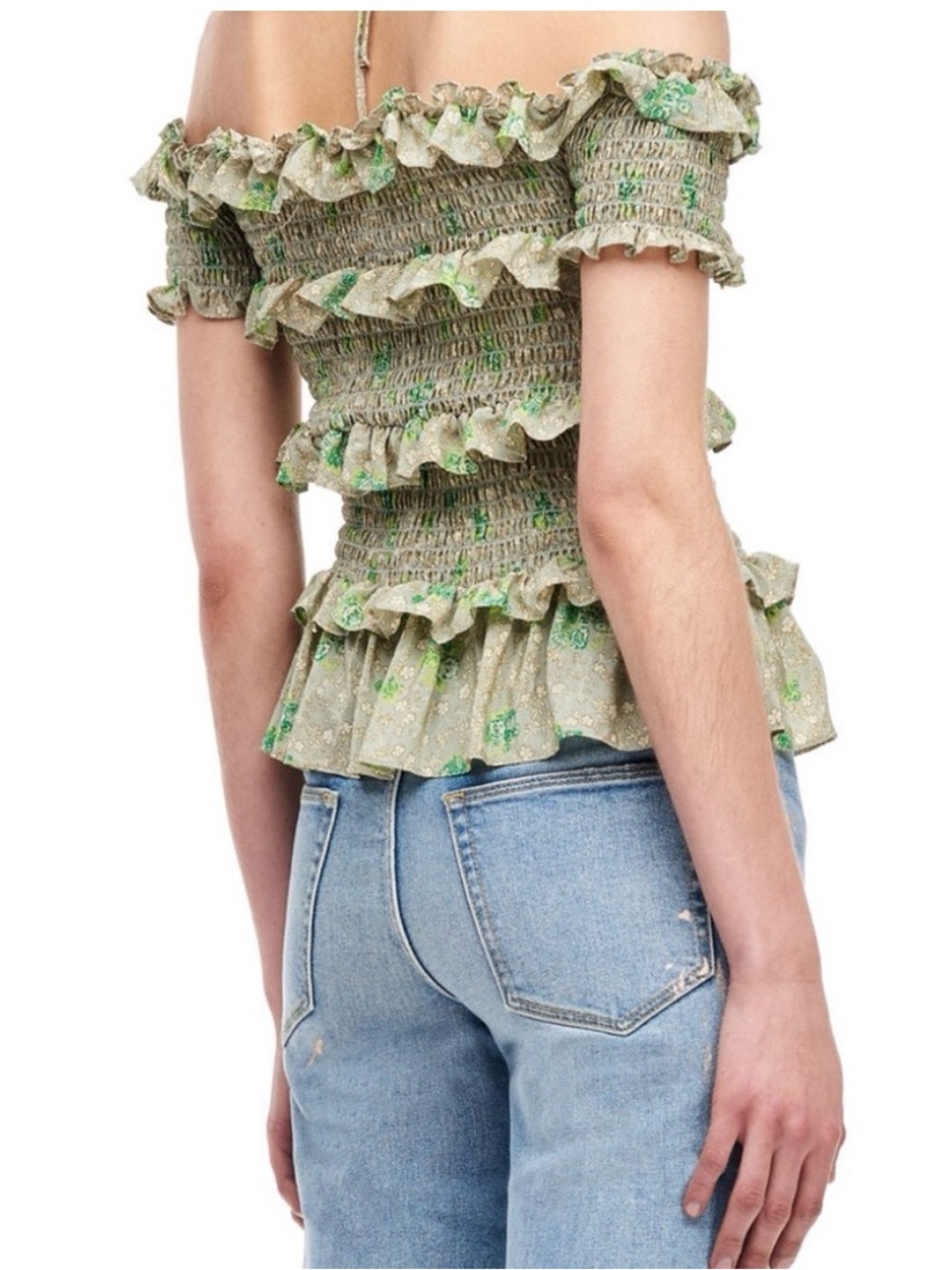 Rebecca Taylor 100% Silk Top Sz M Smocked Ruffle Off The Shoulder Floral Green